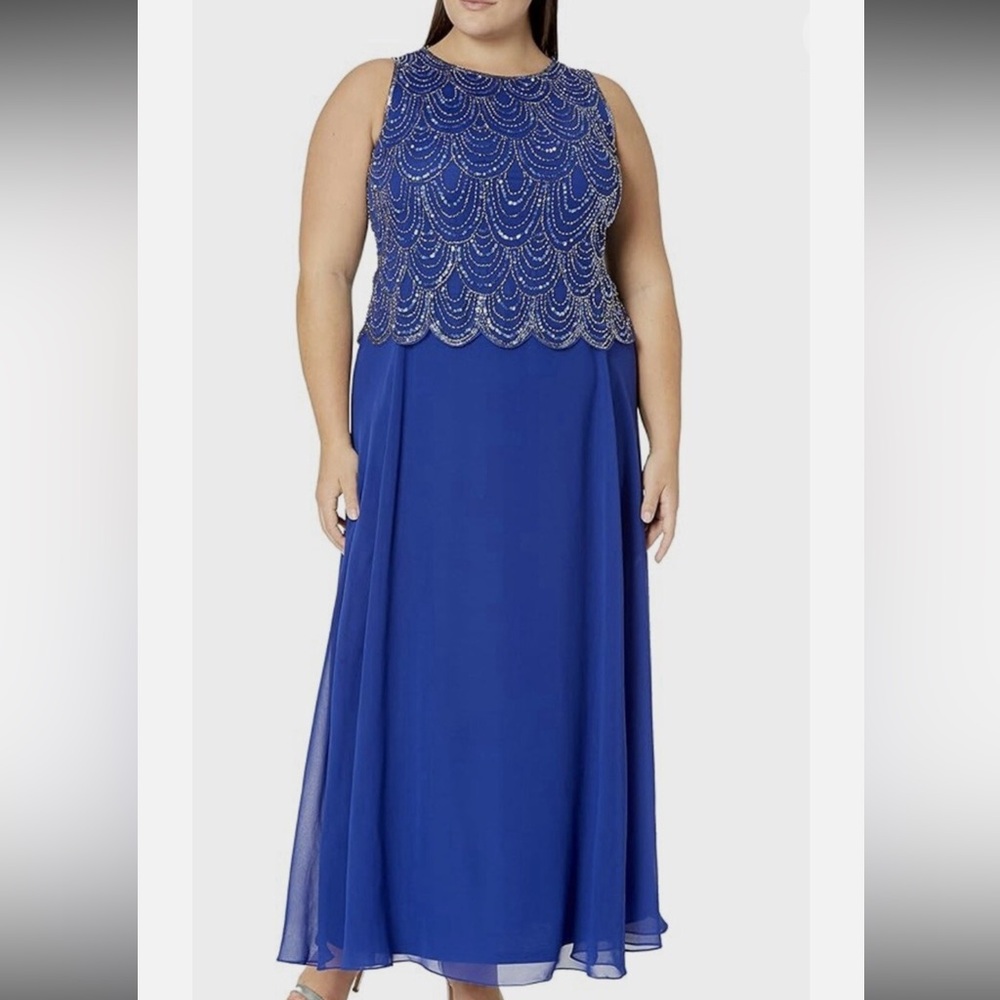 J Kara Scallop Beaded Pop Over Gown in royal blue 16W - Picture 3 of 6
